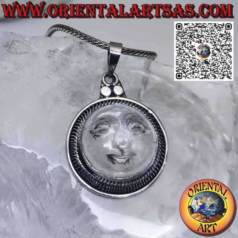 Silver sun pendant carved on rock crystal, wide edge