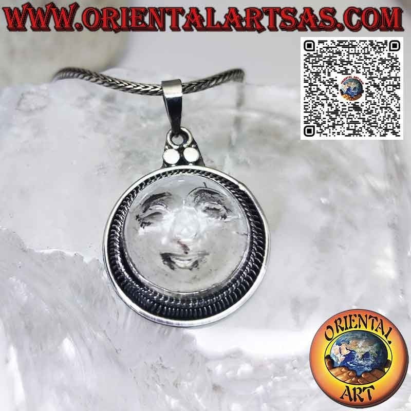 Pendentif soleil en argent sculpté sur cristal de roche, bord large