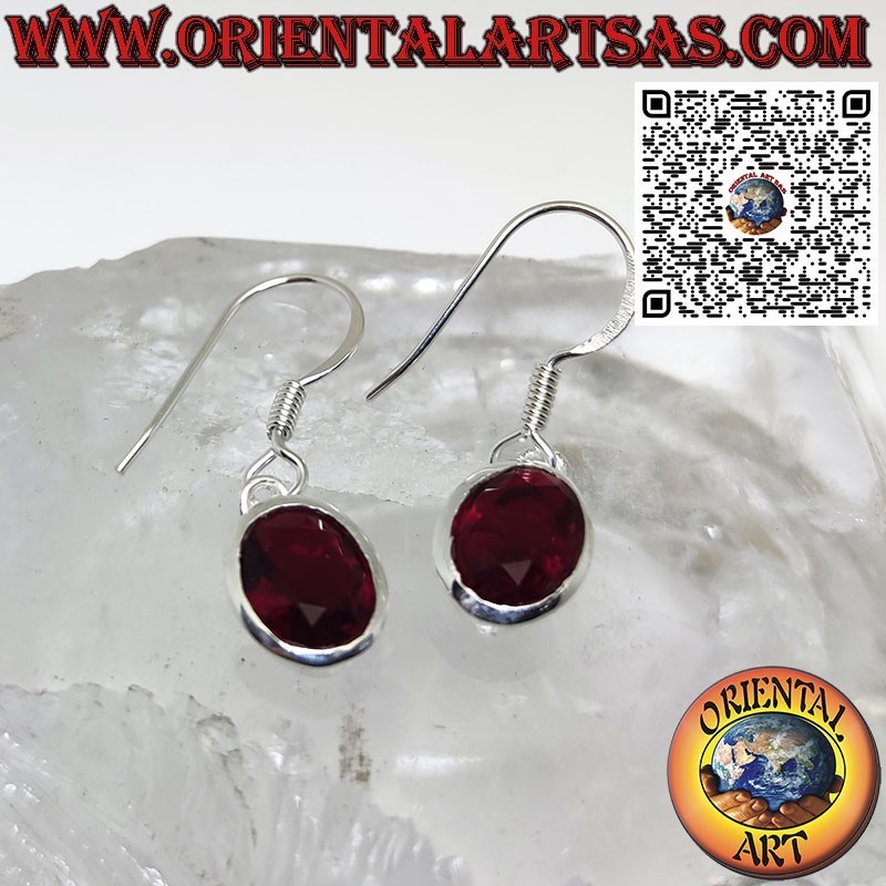 Silver earrings with oval faceted garnet with simple edge