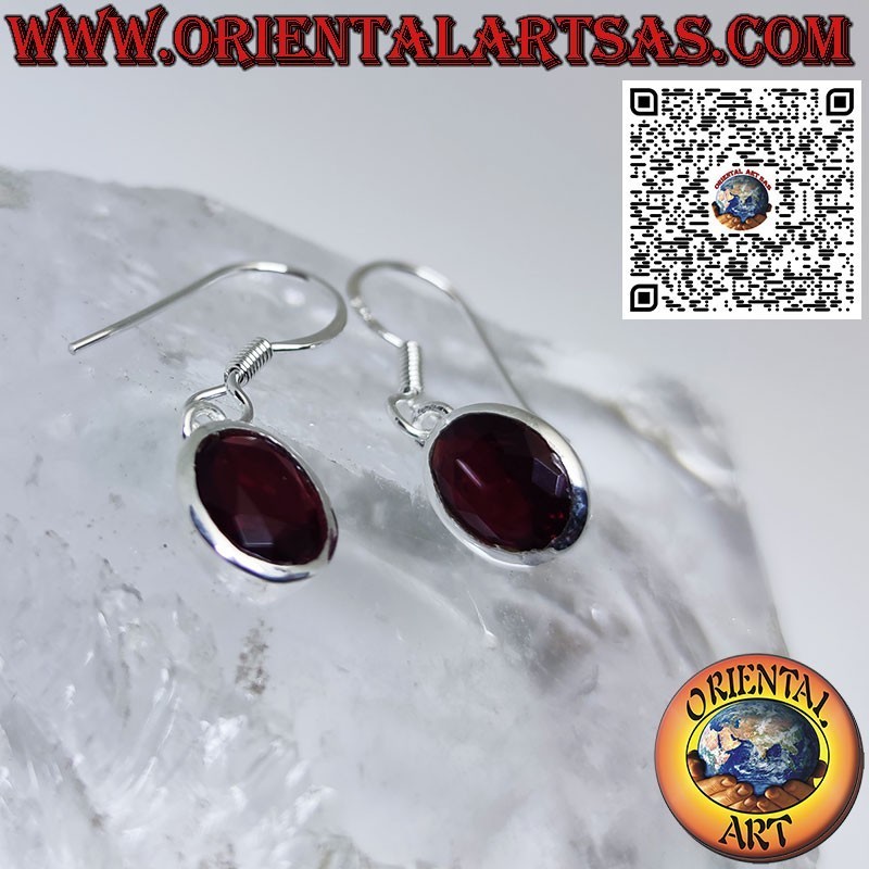 Silver earrings with oval faceted garnet with simple edge