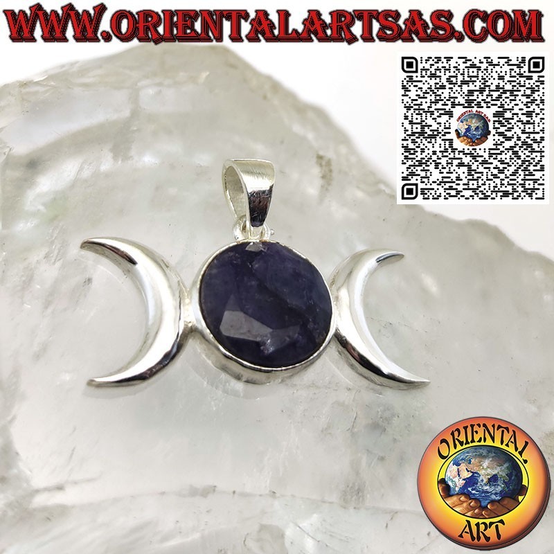 Pendentif Wicca triple déesse lune en argent avec saphir naturel