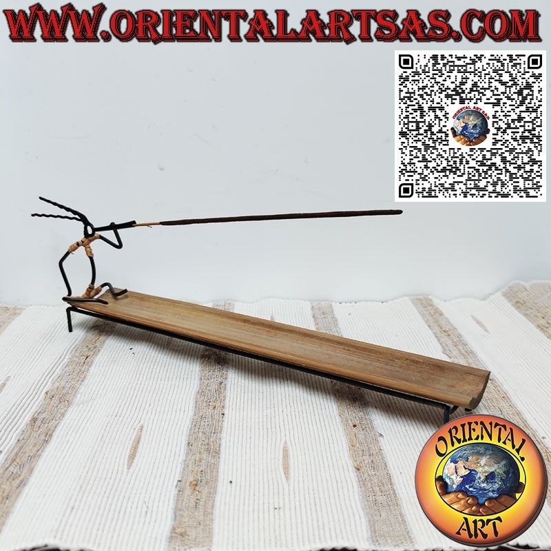 Long incense burner in wrought iron sitting man and handmade bamboo
