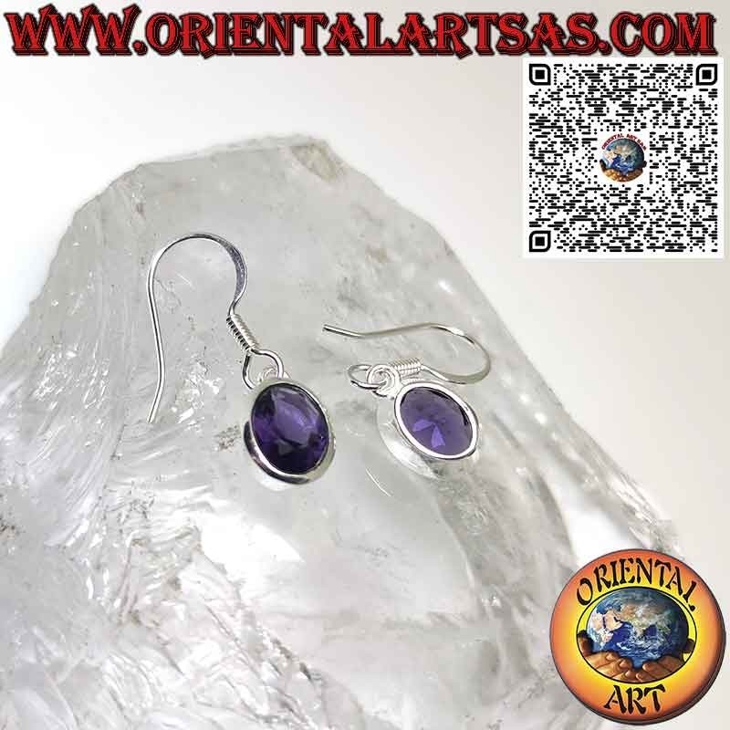 Silver earrings with oval faceted amethyst with simple edge