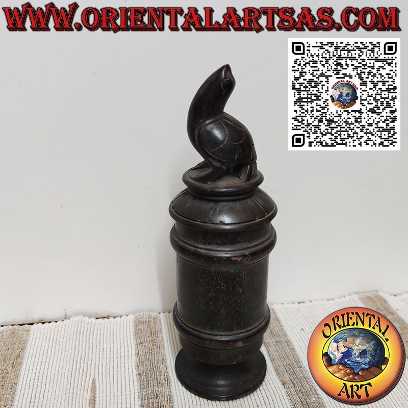 Antique cylindrical bamboo and wood container with turtle, Batak