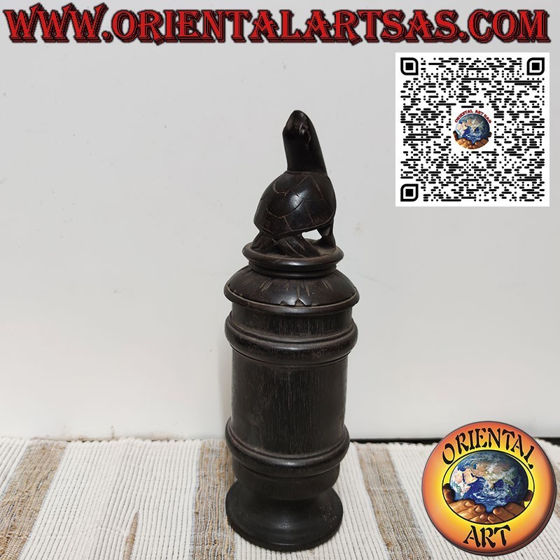 Antique cylindrical bamboo and wood container with turtle, Batak
