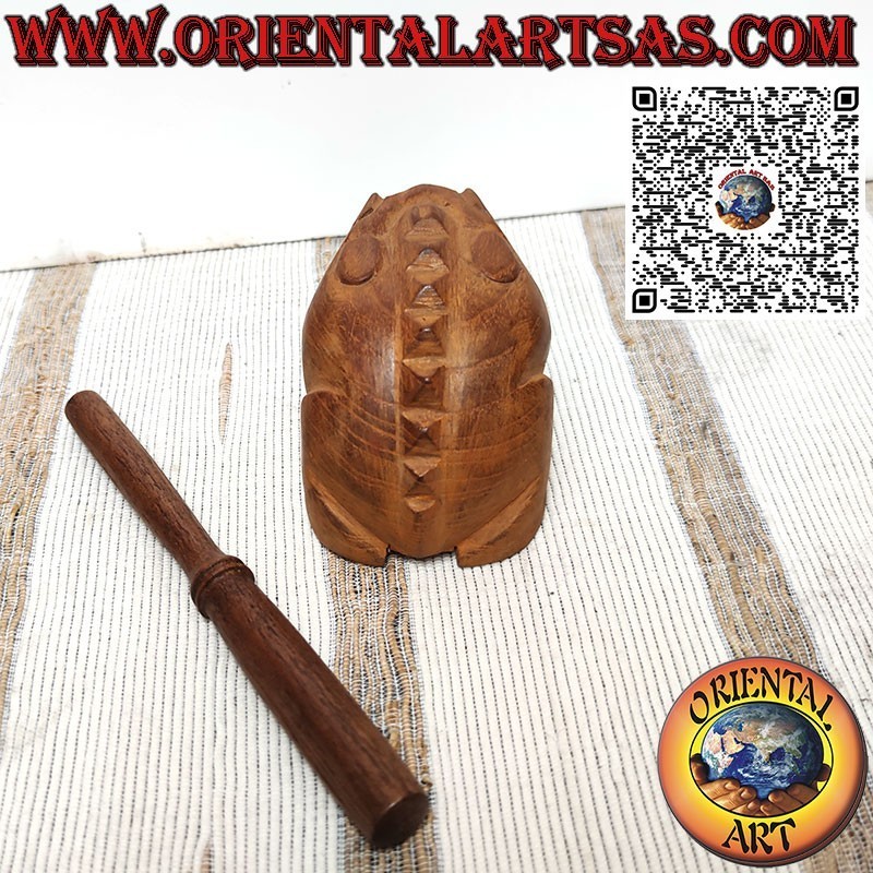 Singing frog (playable) with yellow eyes made of teak wood, croaking