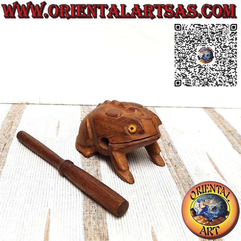 Grenouille chantante (jouable) aux yeux jaunes en bois de teck, coassement