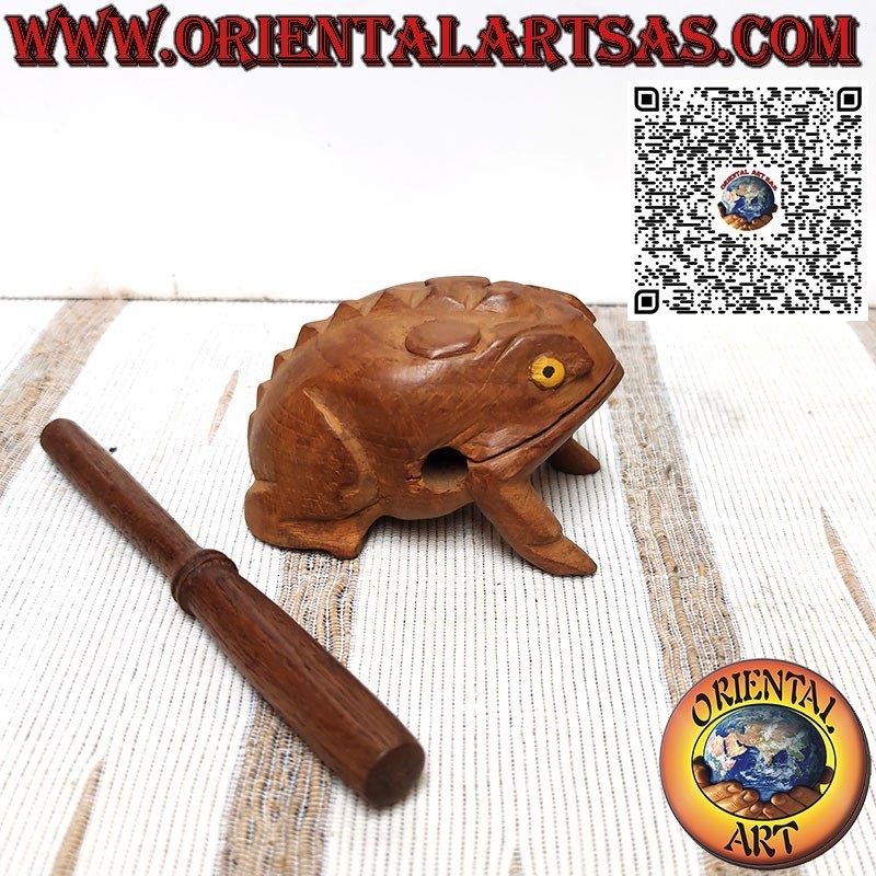 Singing frog (playable) with yellow eyes made of teak wood, croaking