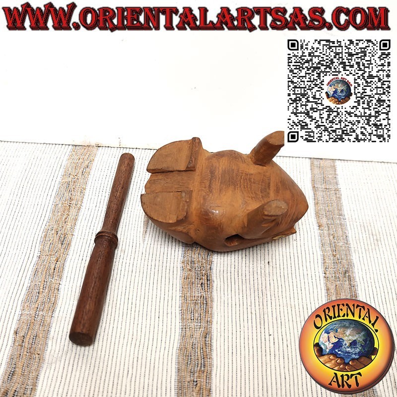 Singing frog (playable) with yellow eyes made of teak wood, croaking