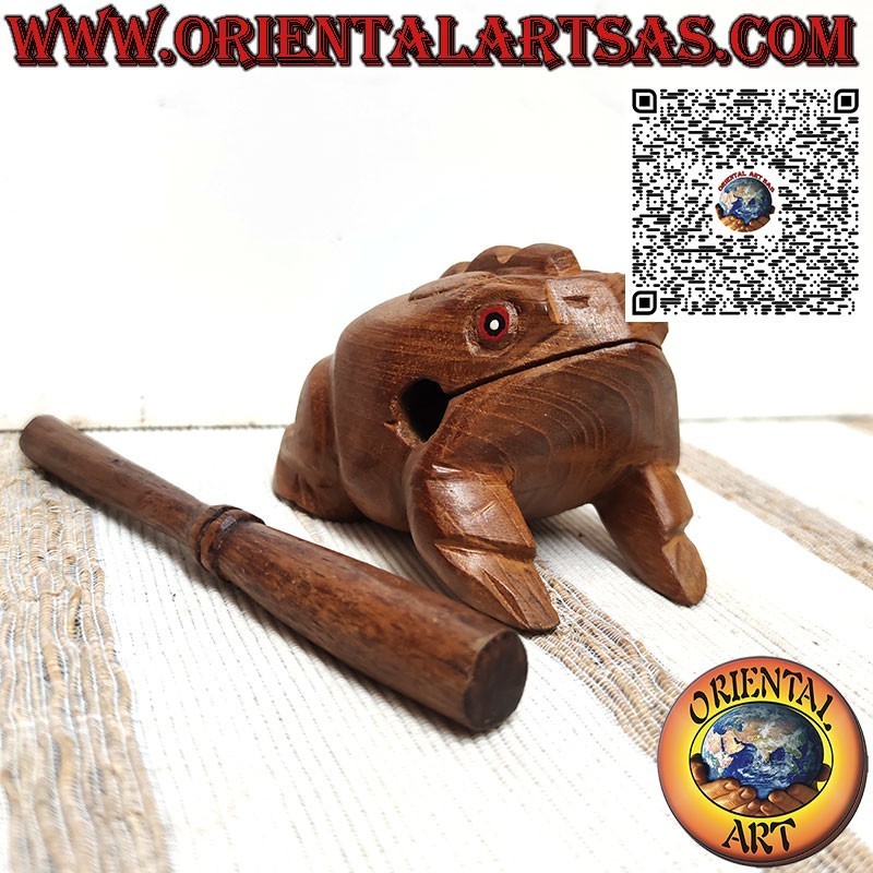 Grenouille chantante (jouable) aux yeux rouges en instrument de musique en teck