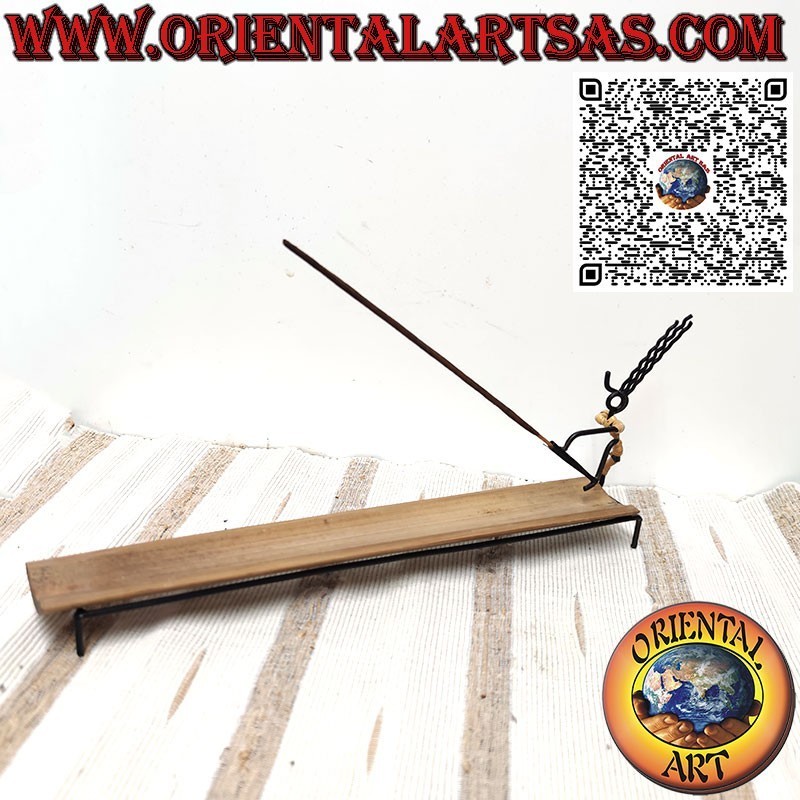 Long incense burner in wrought iron, little man on one foot and bamboo