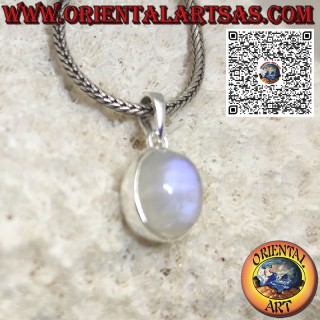 Silver pendant with oval rainbow moonstone and smooth edge