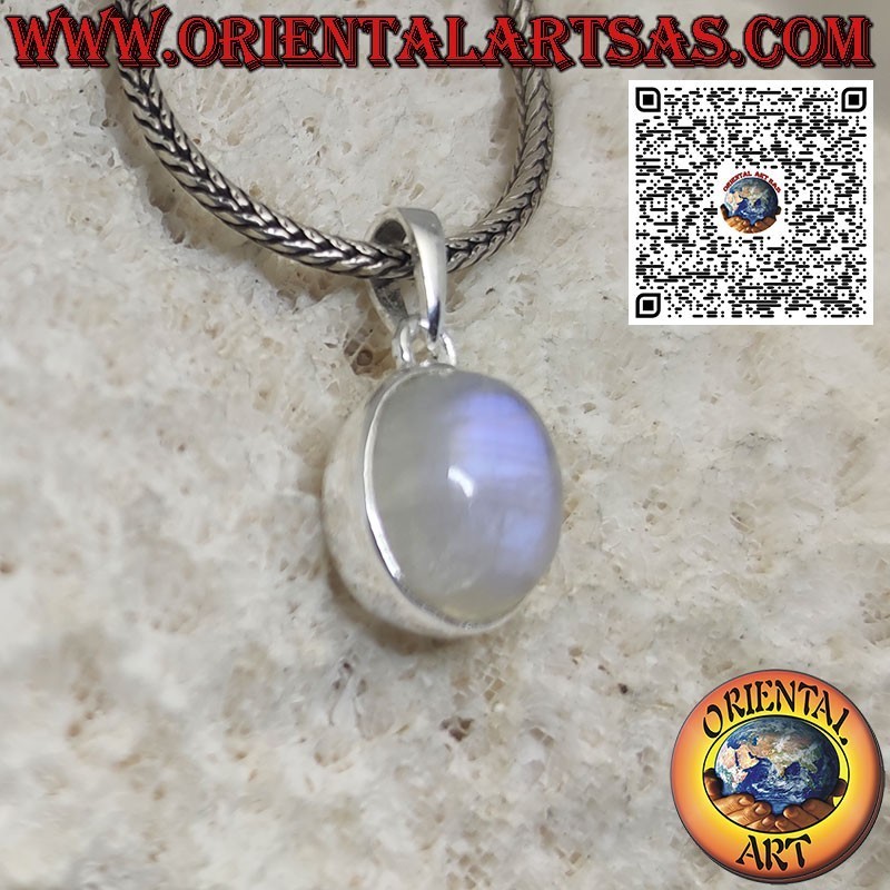 Colgante de plata con piedra lunar arcoíris ovalada y borde liso