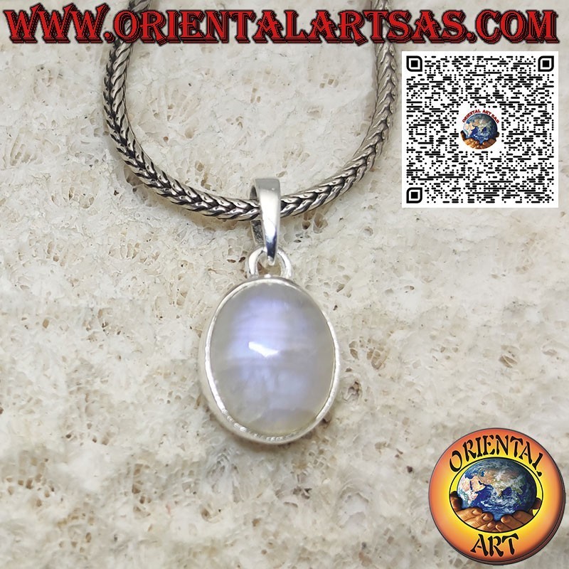 Silver pendant with oval rainbow moonstone and smooth edge