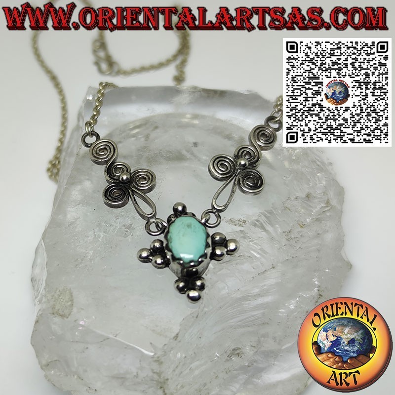 925 silver necklace with oval natural turquoise and spirals on the sides