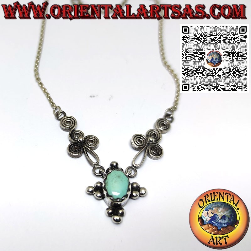 Collana in argento 925 con turchese naturale ovale e spirali sui lati