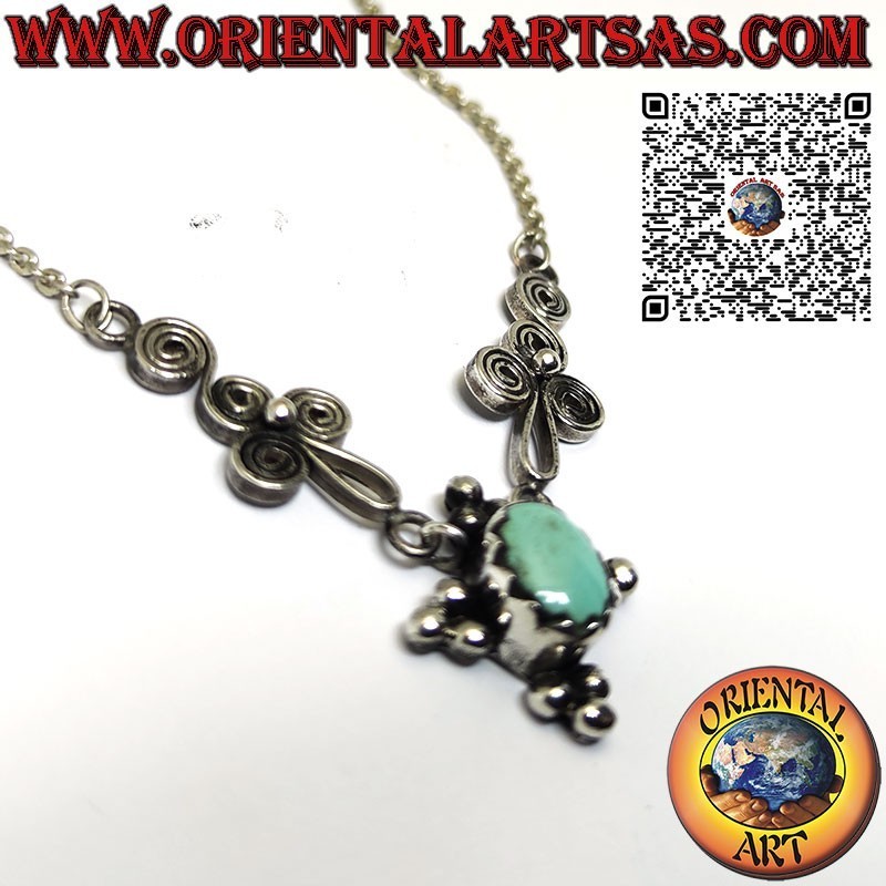Collana in argento 925 con turchese naturale ovale e spirali sui lati