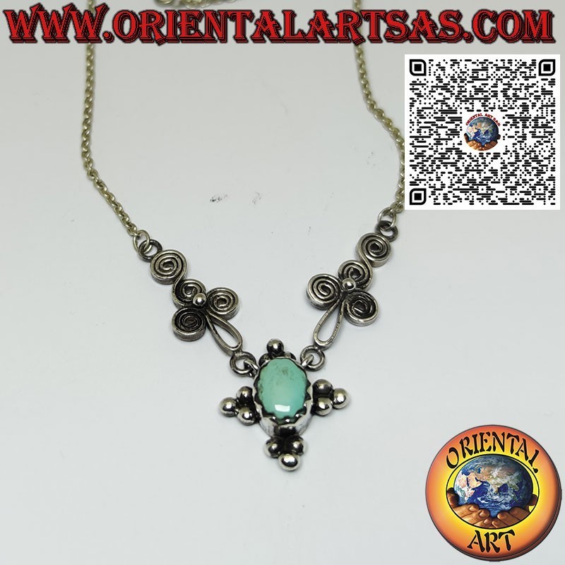 Collier en argent 925 avec turquoise naturelle ovale et spirales sur les côtés