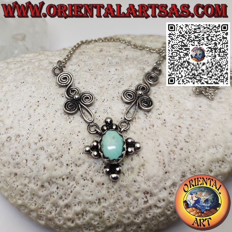 Collier en argent 925 avec turquoise naturelle ovale et spirales sur les côtés