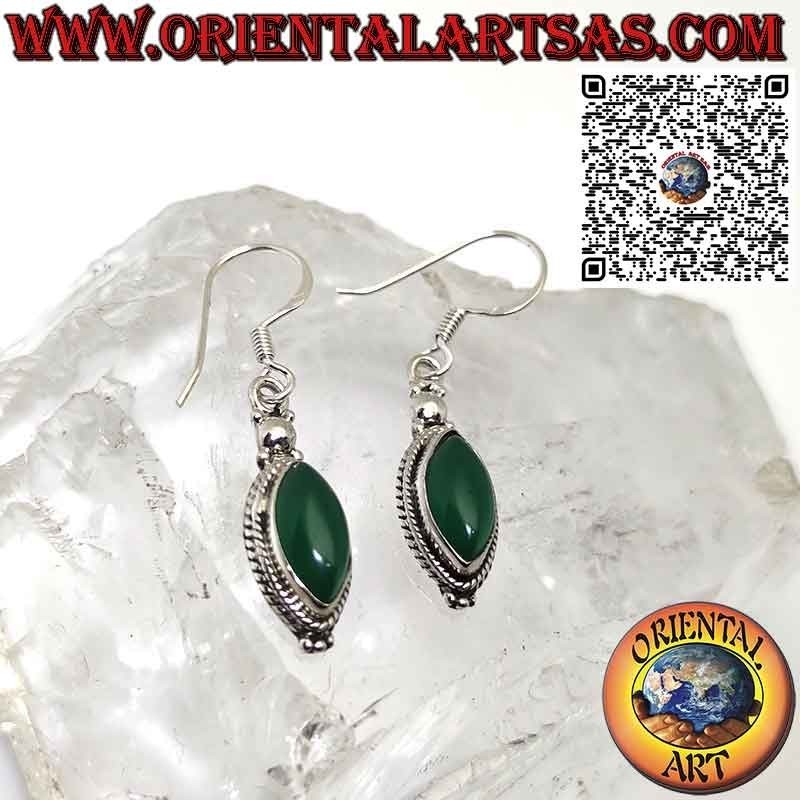 Silver earrings with green shuttle agate surrounded by braid