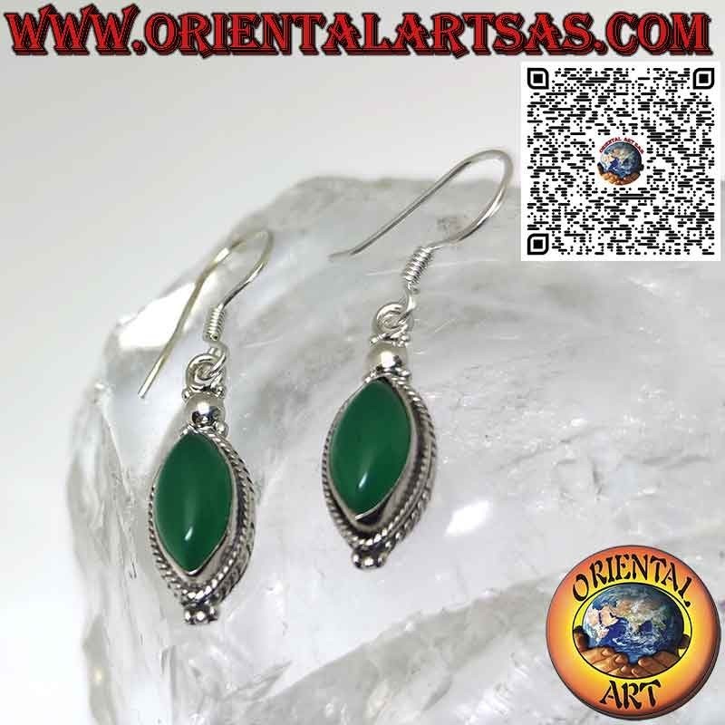 Silver earrings with green shuttle agate surrounded by braid