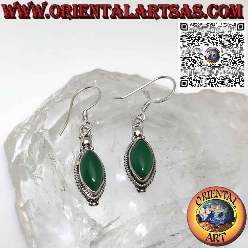 Boucles d'oreilles en argent avec agate navette verte entourée de galon