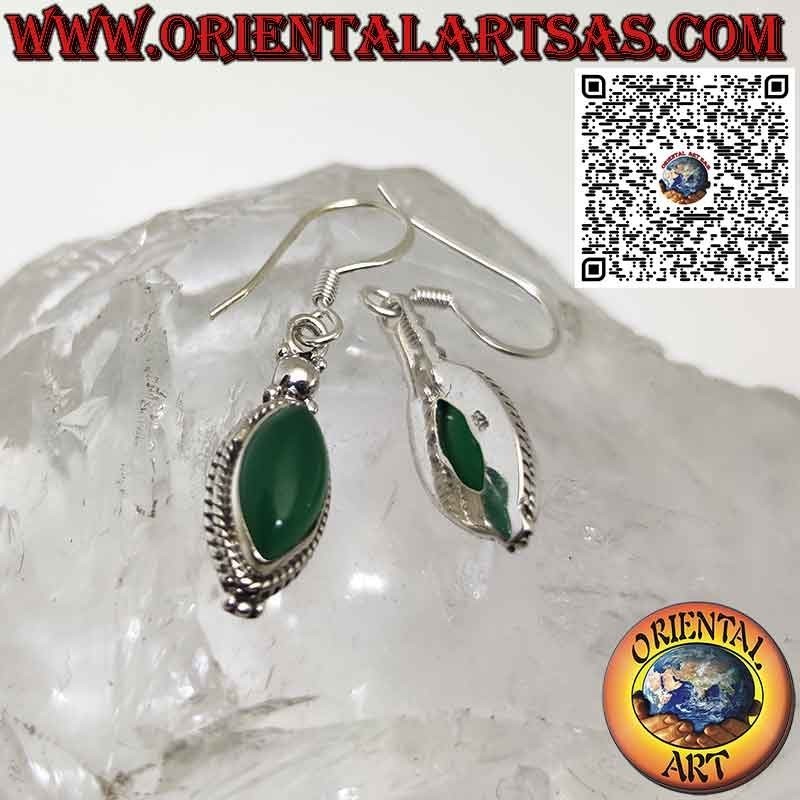 Silver earrings with green shuttle agate surrounded by braid