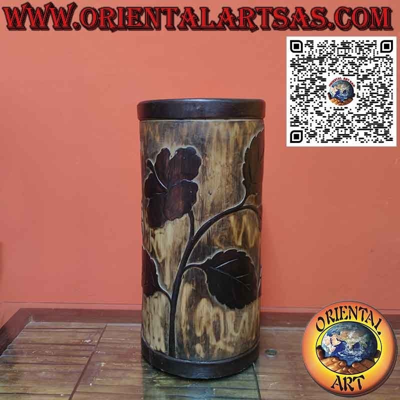 Paragüero de madera de un solo tronco tallado a mano con motivos florales