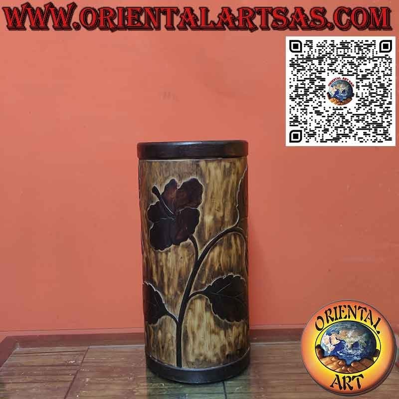 Single trunk wooden umbrella stand hand-carved with floral subjects