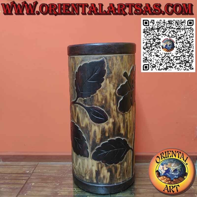 Single trunk wooden umbrella stand hand-carved with floral subjects