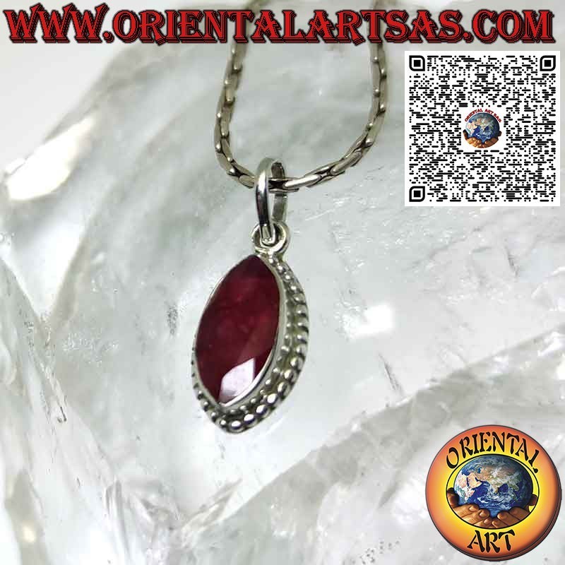 Silver pendant with natural shuttle ruby surrounded intertwining