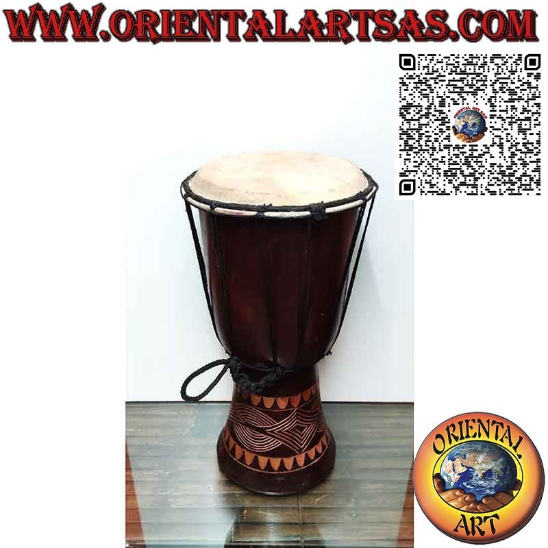 Hand-inlaid djembé bongo in mahogany wood and goatskin measuring 40 cm.