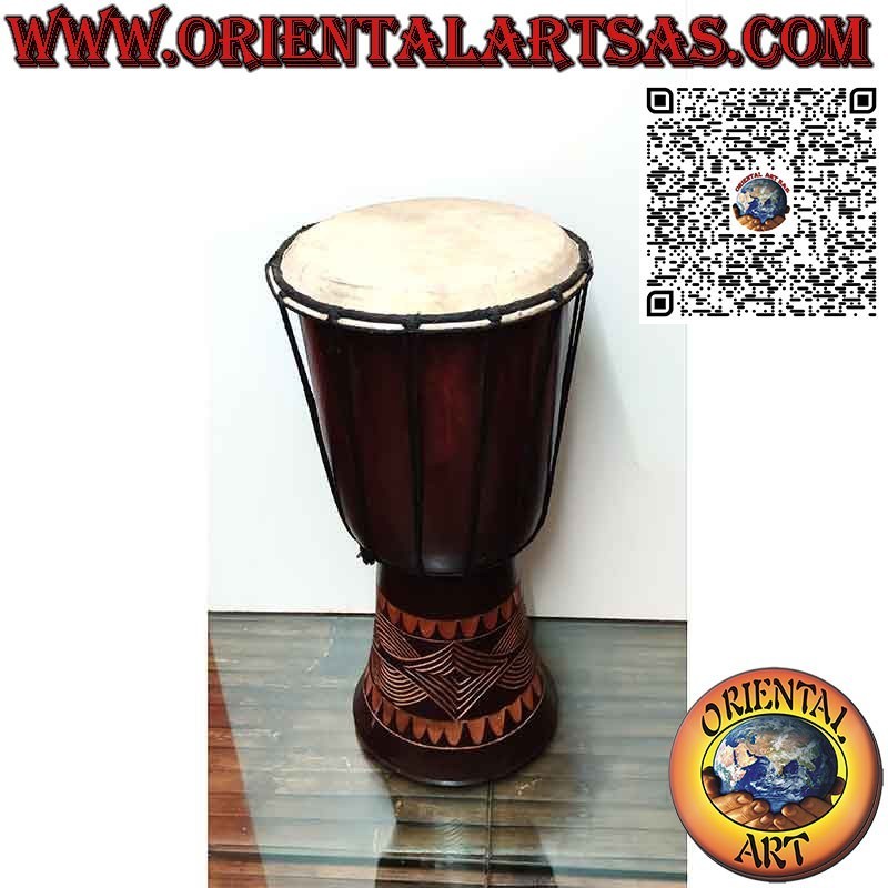 Hand-inlaid djembé bongo in mahogany wood and goatskin measuring 40 cm.