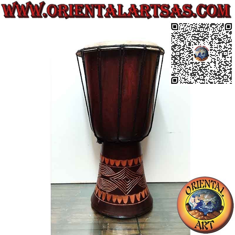 Hand-inlaid djembé bongo in mahogany wood and goatskin measuring 40 cm.