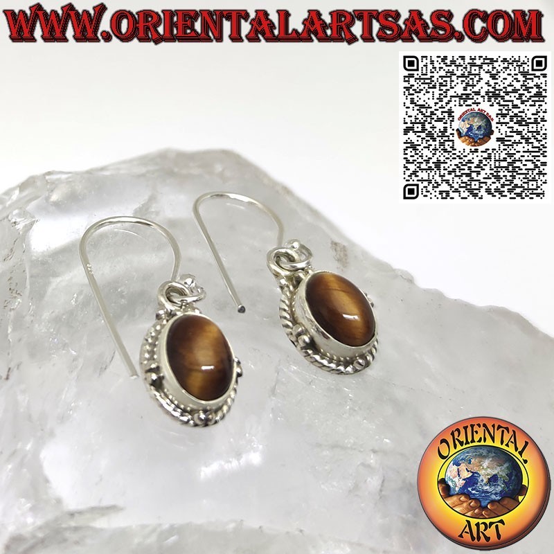 Boucles d'oreilles en argent avec petit oeil de tigre ovale, bord sphère