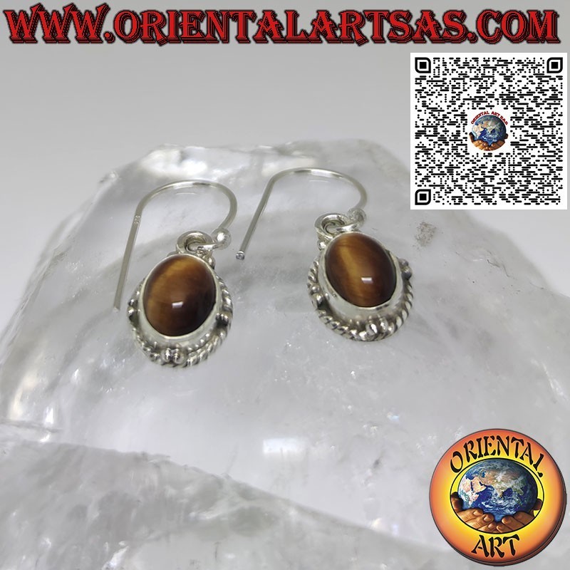 Silver earrings with small oval tiger eye, sphere edge