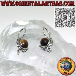 Orecchini in argento pendenti a sole con occhio di tigre cabochon tondo contornato da intreccio