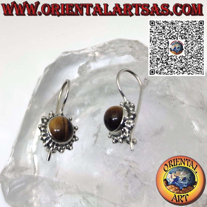 Boucles d'oreilles pendentif soleil en argent avec oeil de tigre cabochon rond entouré de tissage