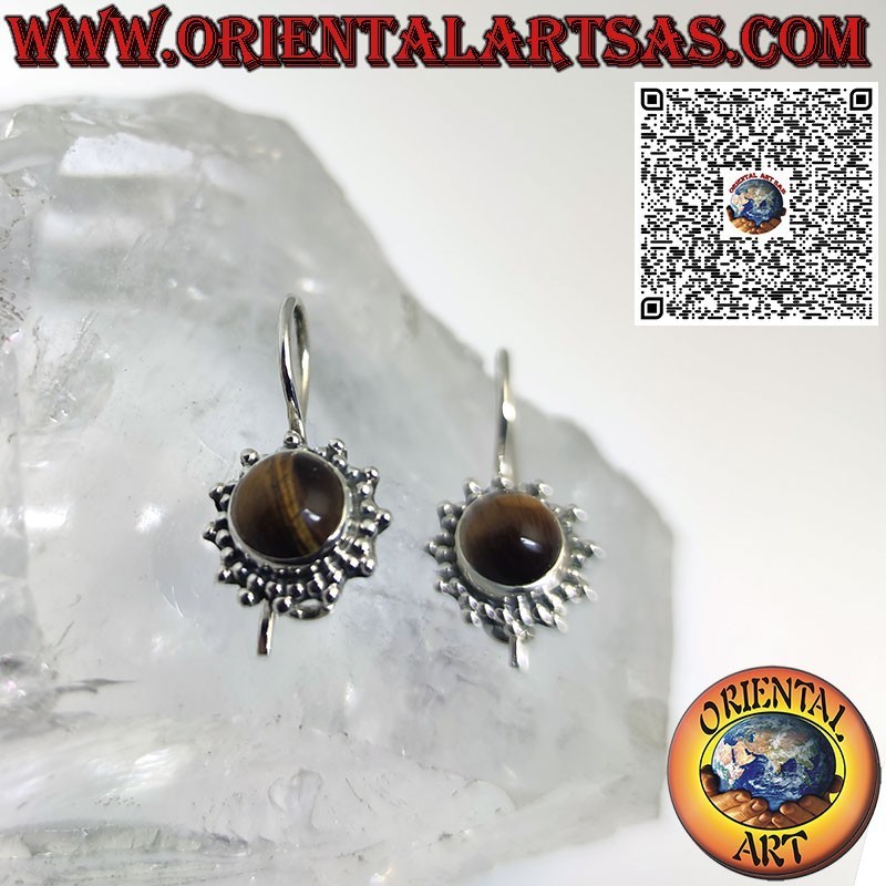 Boucles d'oreilles pendentif soleil en argent avec oeil de tigre cabochon rond entouré de tissage