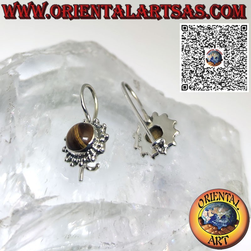 Silver sun pendant earrings with round cabochon tiger eye surrounded by weaving