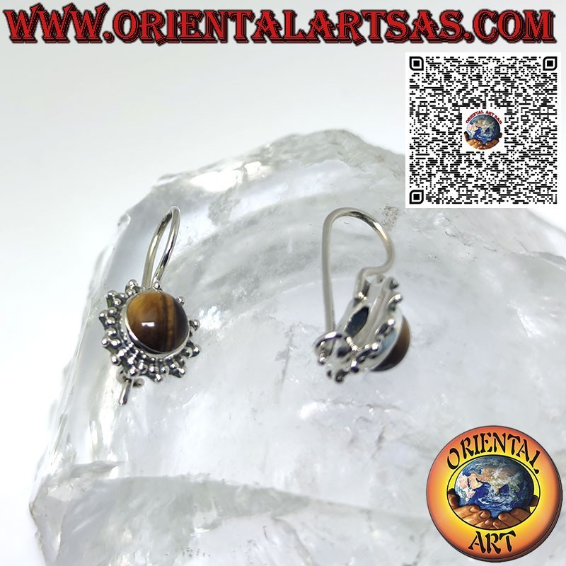 Silver sun pendant earrings with round cabochon tiger eye surrounded by weaving
