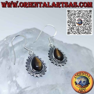 Silver earrings with teardrop tiger eye and sphere edge