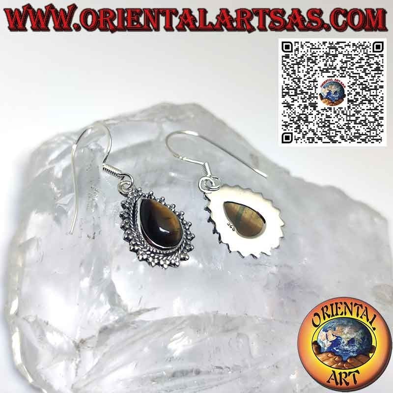 Pendientes de plata con ojo de tigre en forma de lágrima y borde de esfera