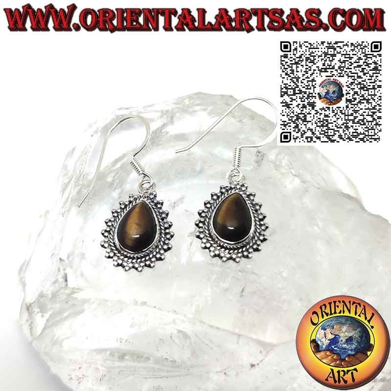 Silver earrings with teardrop tiger eye and sphere edge