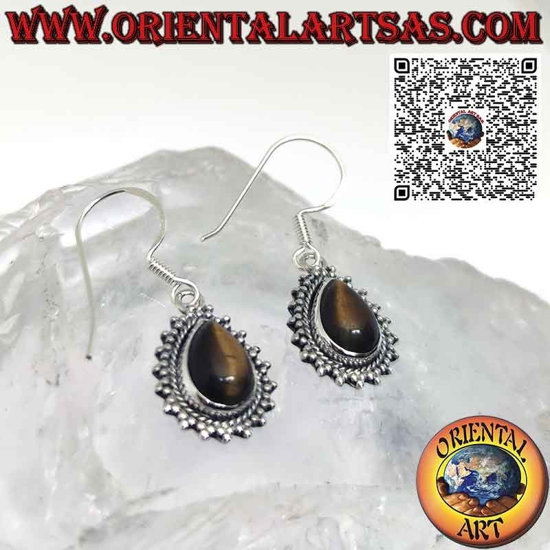 Pendientes de plata con ojo de tigre en forma de lágrima y borde de esfera