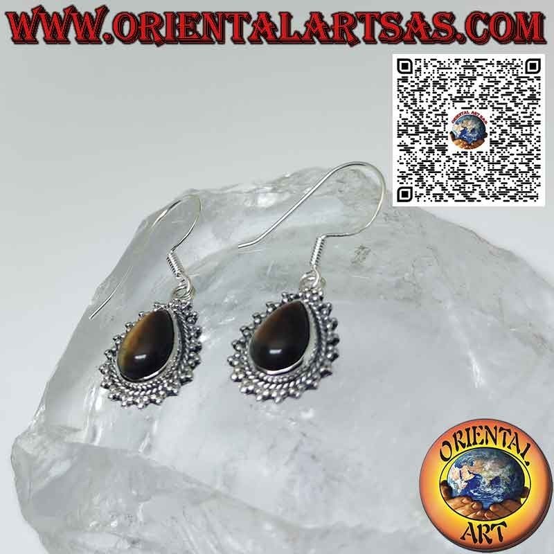 Silver earrings with teardrop tiger eye and sphere edge