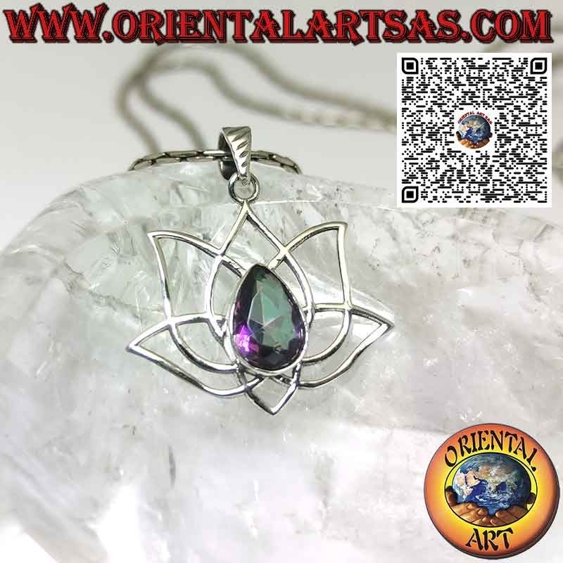 Silver pendant Lotus flower with quartz aura symbol of purification