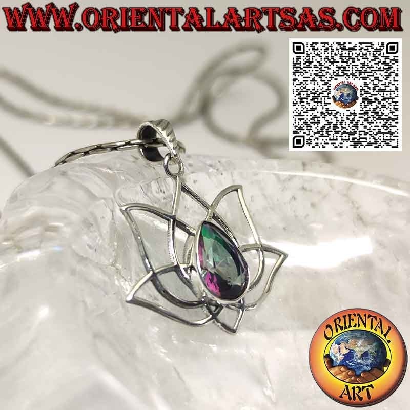 Silver pendant Lotus flower with quartz aura symbol of purification