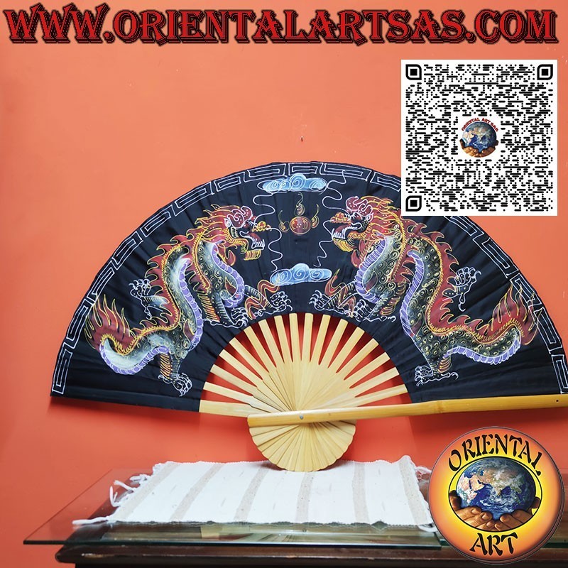 Wall fan Dragons on a black background painted on 100 cm fabric