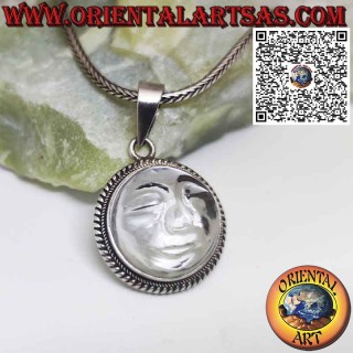 Pendentif soleil en argent sculpté sur cristal de roche avec bordure